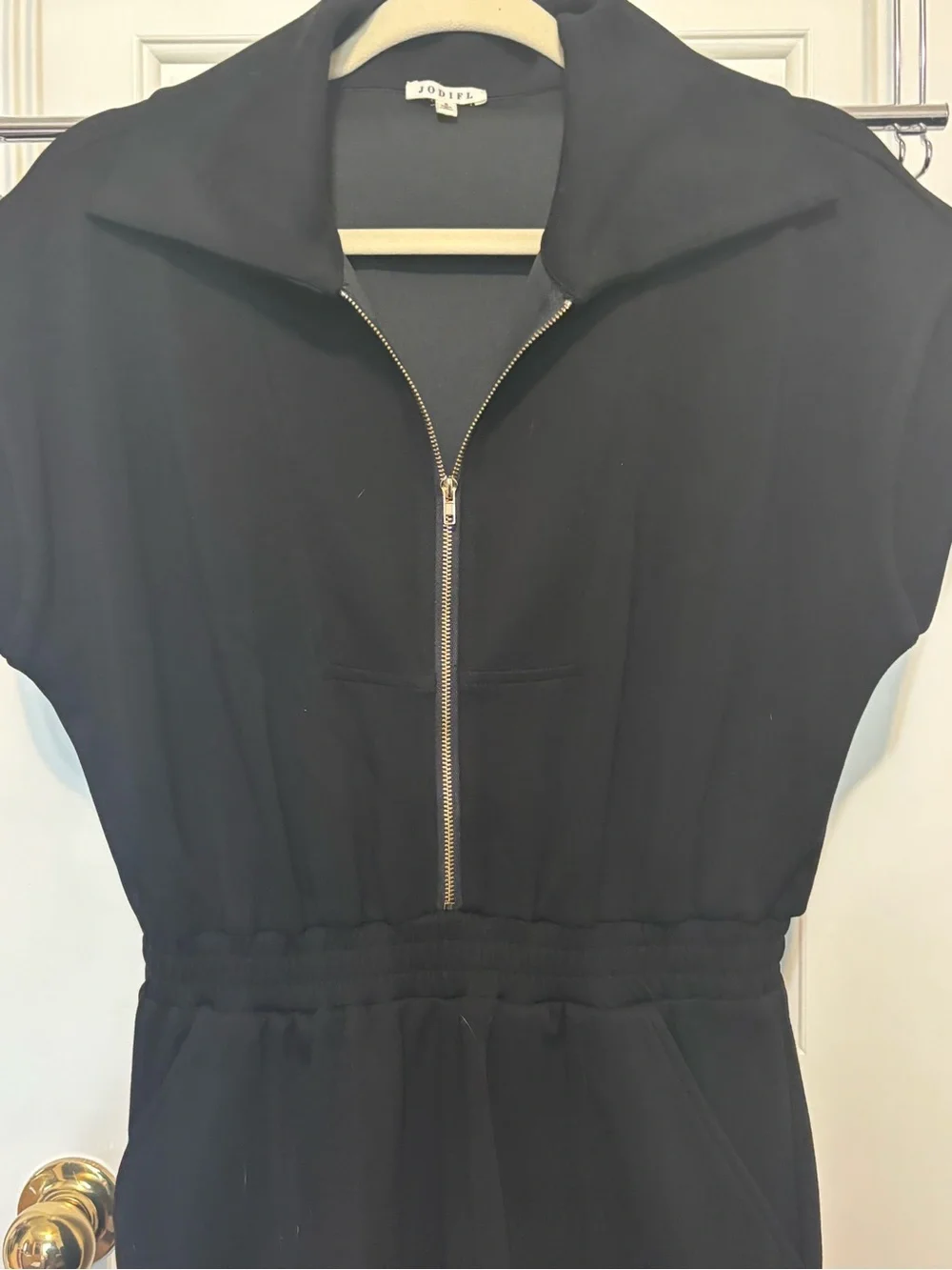 JODIFL Black Zip-Front Short Sleeve Romper with Elastic Waist